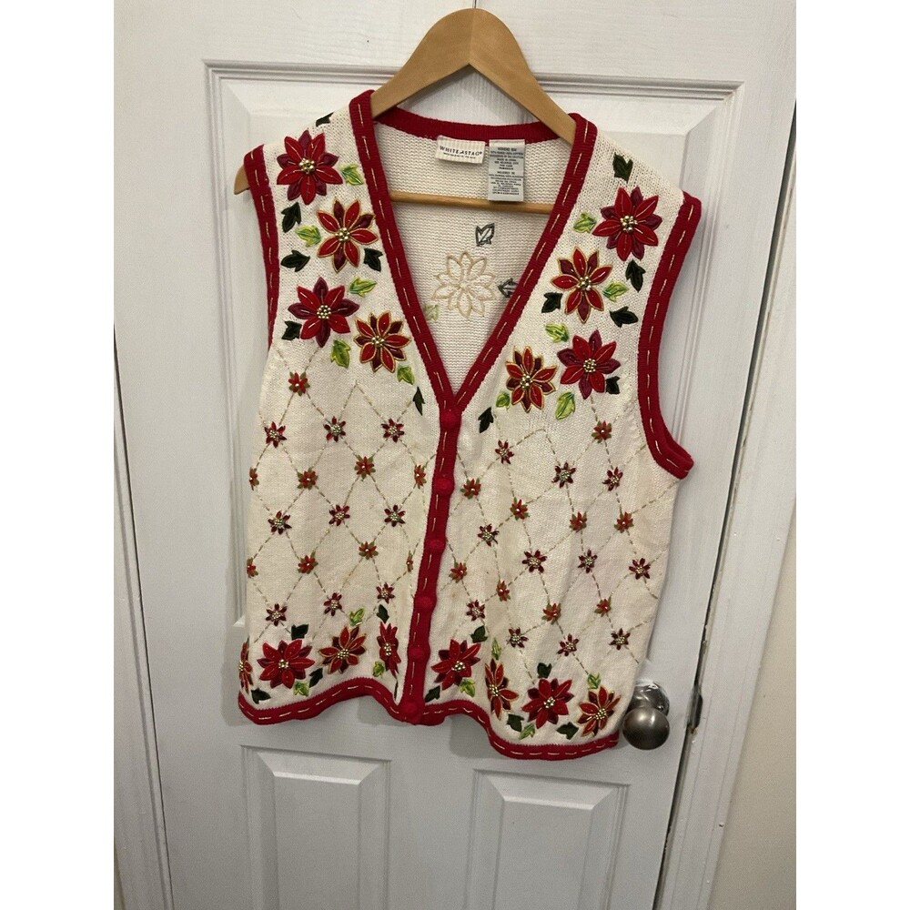 White Stag Women’s Plus 16W Knit V-Neck Sweater Vest Button Floral Holiday